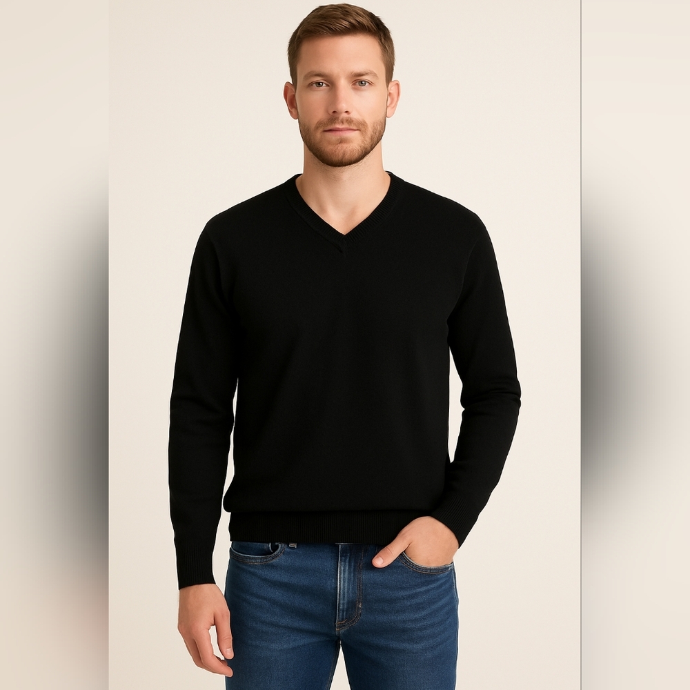 Jos. A. Bank black V-neck Italian Marino Wools Pullover sweater Size L Preppy